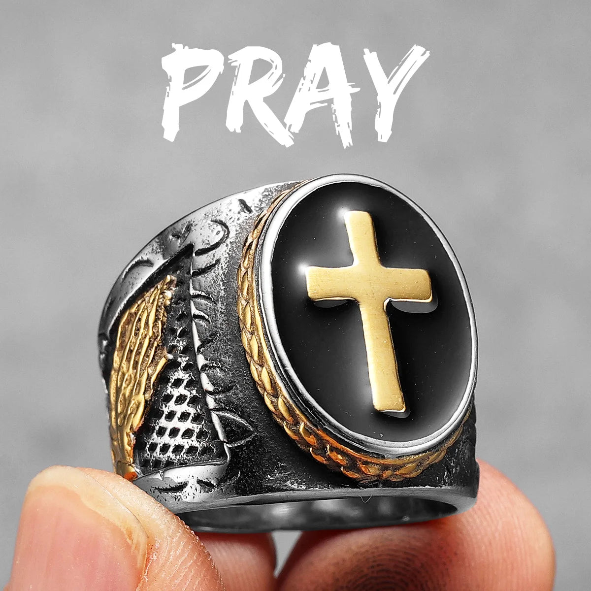 Christian Cross Black Religon Men Rings Stainless Steel