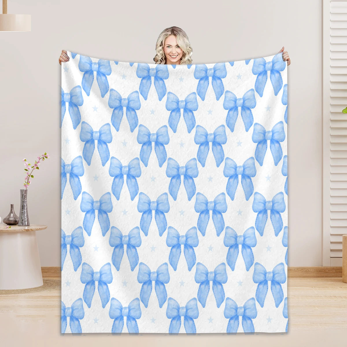 1PC Throw Blanket Blue Bow 3D