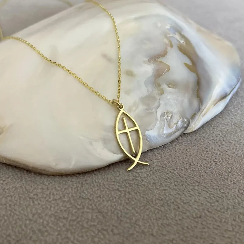14K Gold Plated Jesus Fish Cross Necklace Stainless Steel