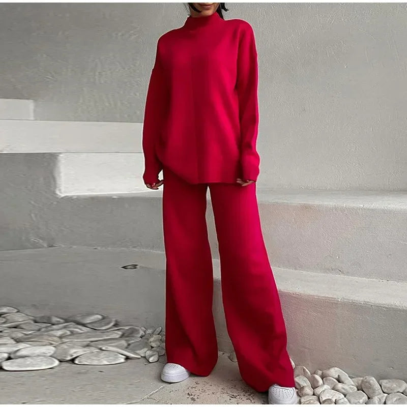 Split Turtleneck Women sweater and Wide Leg Pants