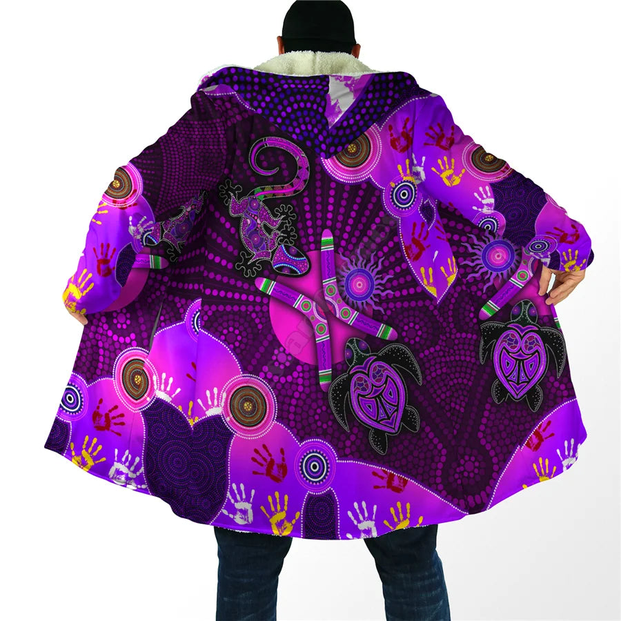 Winter Men For Women Hooded cloak Aboriginal Naidoc Week Purple Turtle