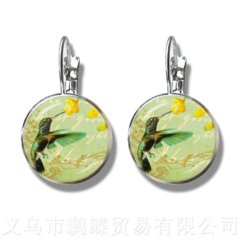 Green Hummingbird Earrings Birds Art 16mm