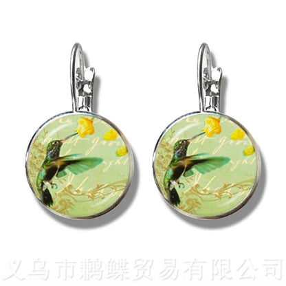 Green Hummingbird Earrings Birds Art 16mm