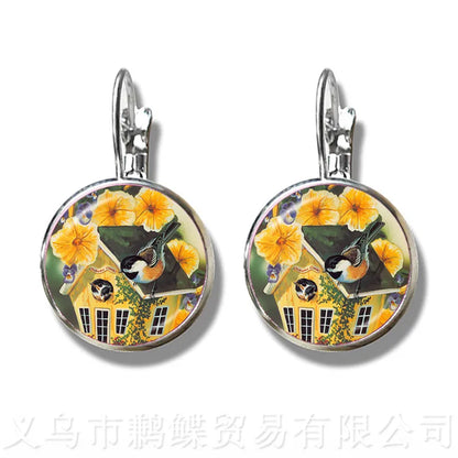 Green Hummingbird Earrings Birds Art 16mm