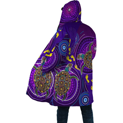 Winter Men For Women Hooded cloak Aboriginal Naidoc Week Purple Turtle