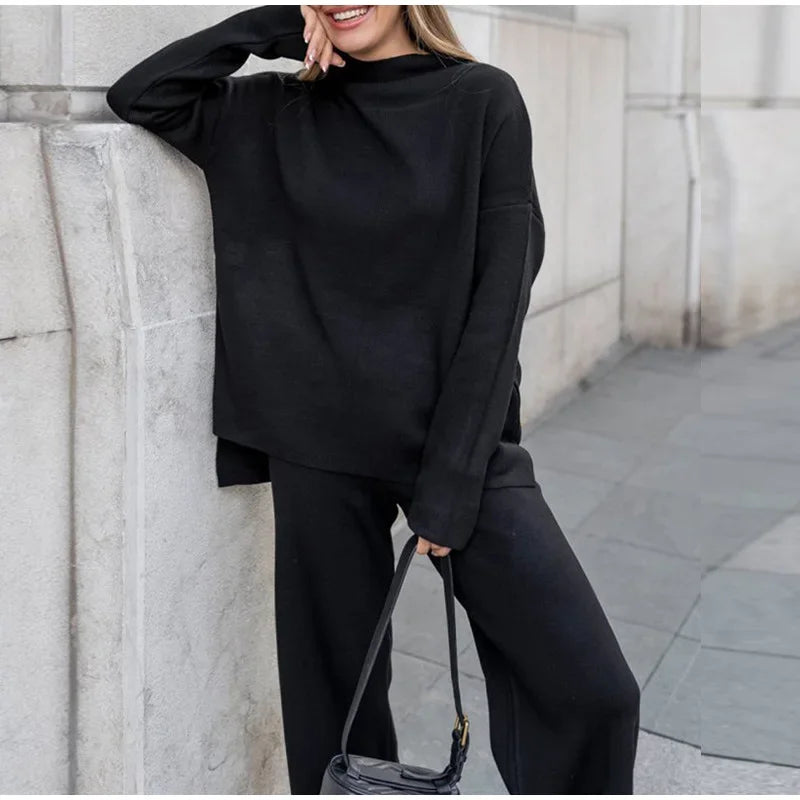 Split Turtleneck Women  sweater and Wide Leg Pants