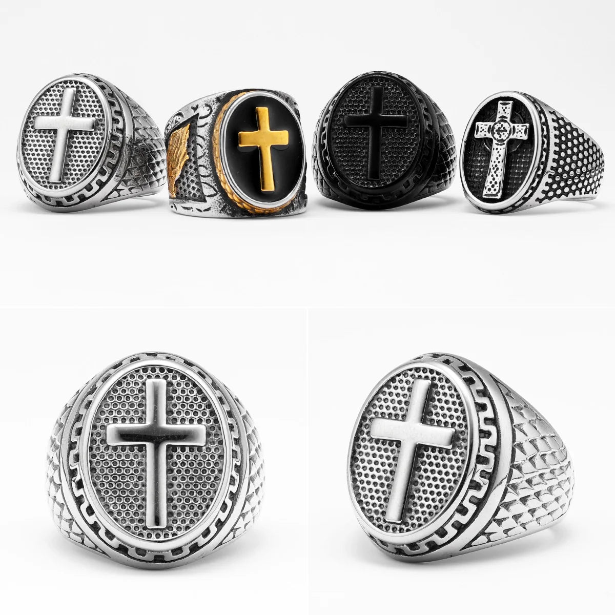 Christian Cross Black Religon Men Rings Stainless Steel