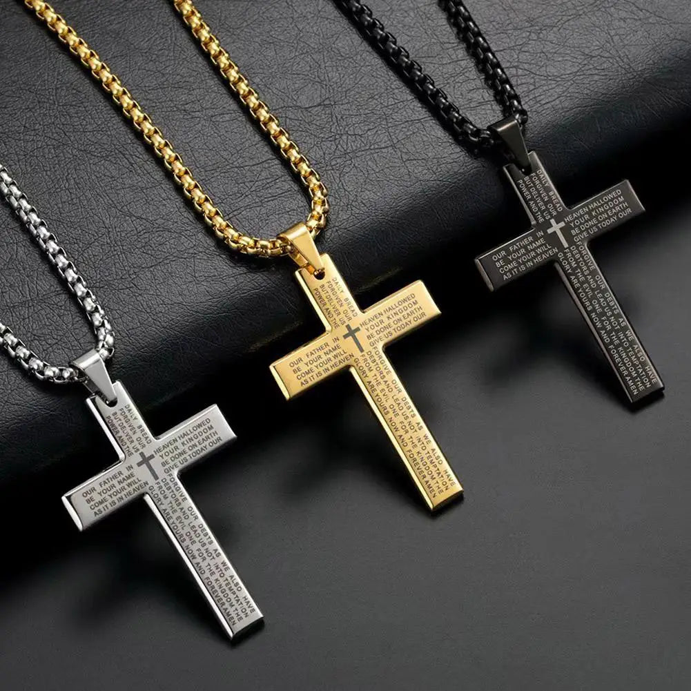 Christian Bible Cross Chain Necklace Steel