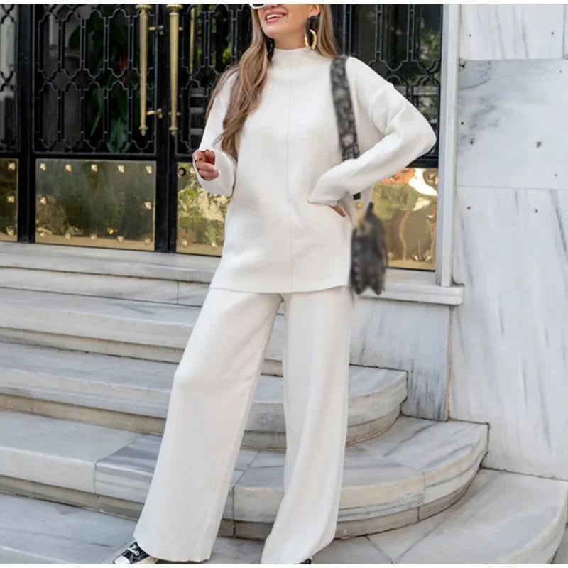 Split Turtleneck Women  sweater and Wide Leg Pants