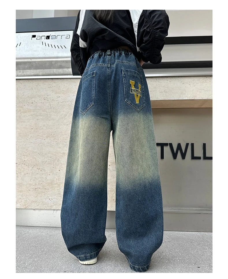 Girls V-shaped embroidered straight wide-leg pants