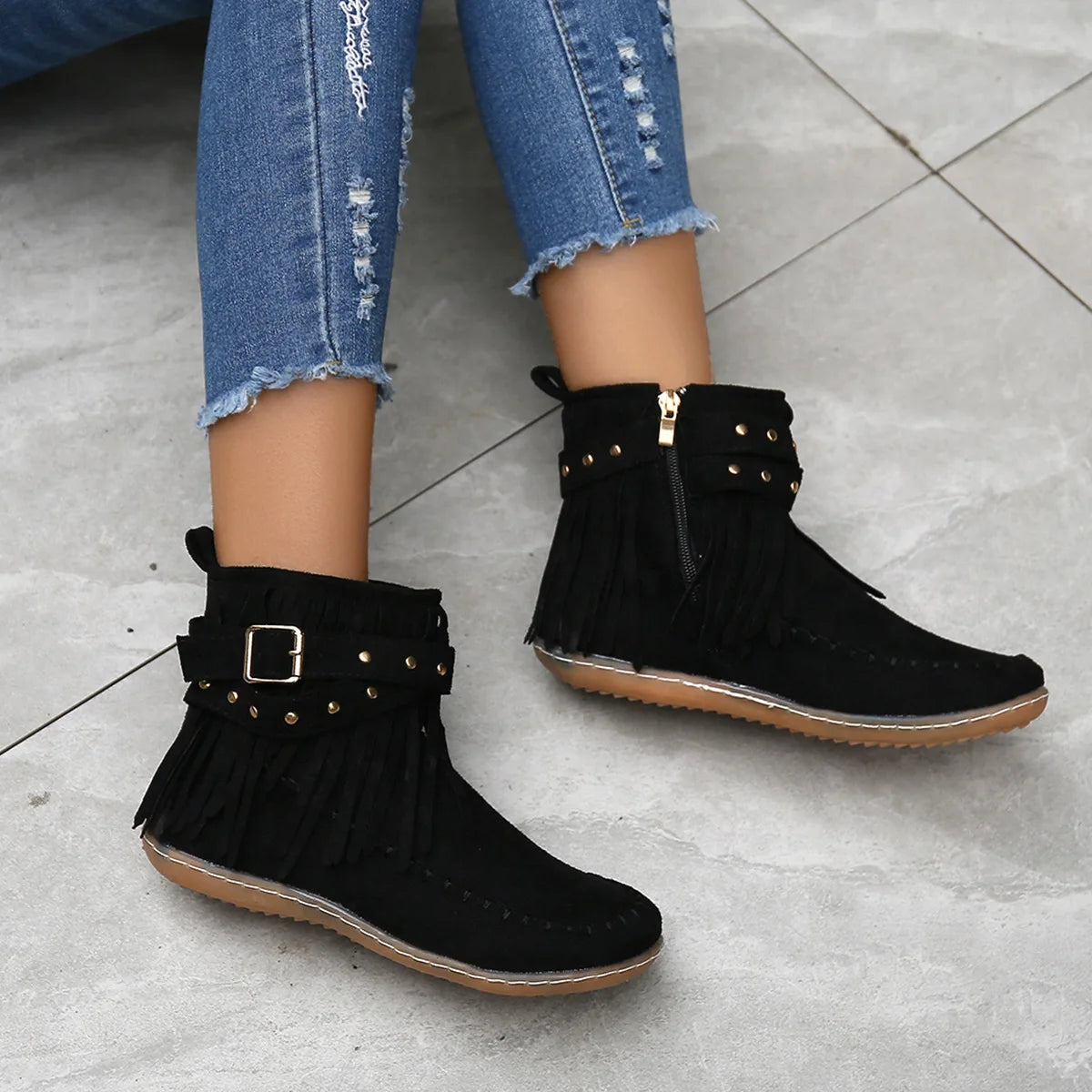 Women Shoes Flat Heel Ankle Boots Retro Suede