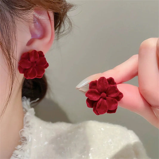 Simple Cute Wine Red Velvet Rose Flower Stud Earrings