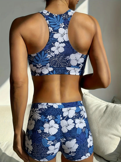 Floral Print Swimwear With Shorts High Waisted Trunk