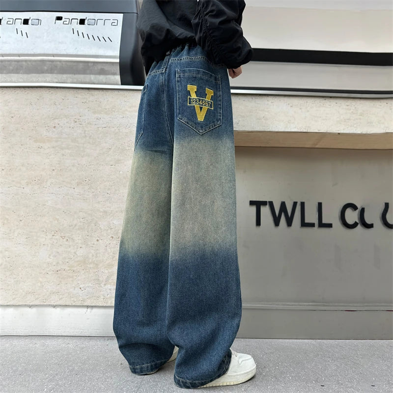 Girls V-shaped embroidered straight wide-leg pants
