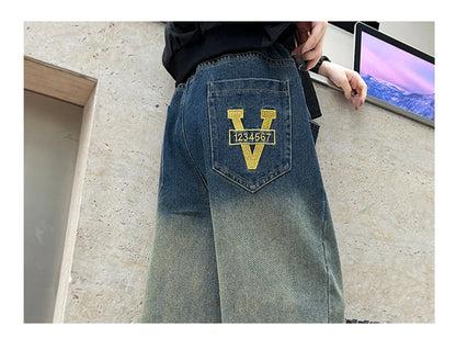 Girls V-shaped embroidered straight wide-leg pants