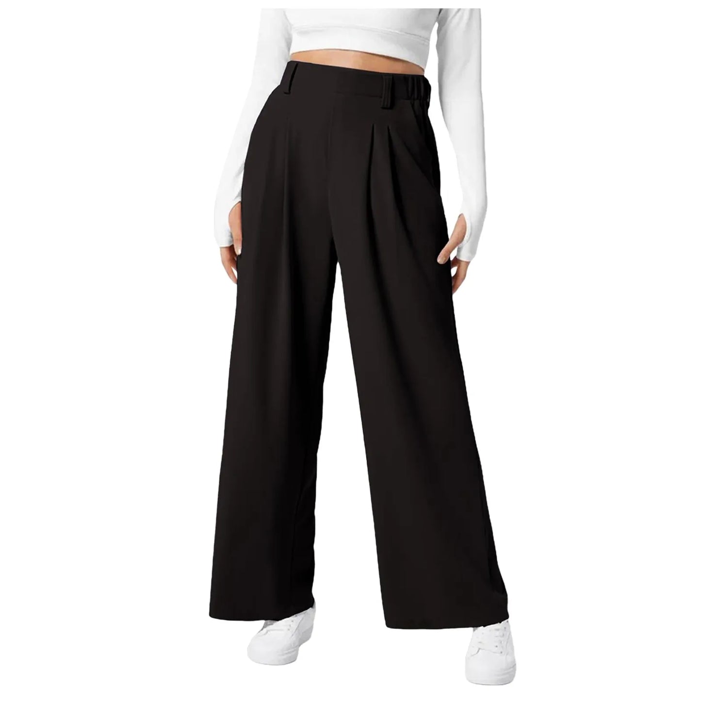 Women Suits Pants High Waist Draped Solid Color Wide Leg