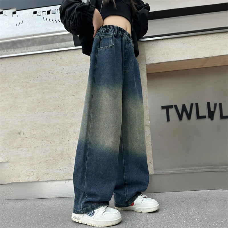 Girls V-shaped embroidered straight wide-leg pants