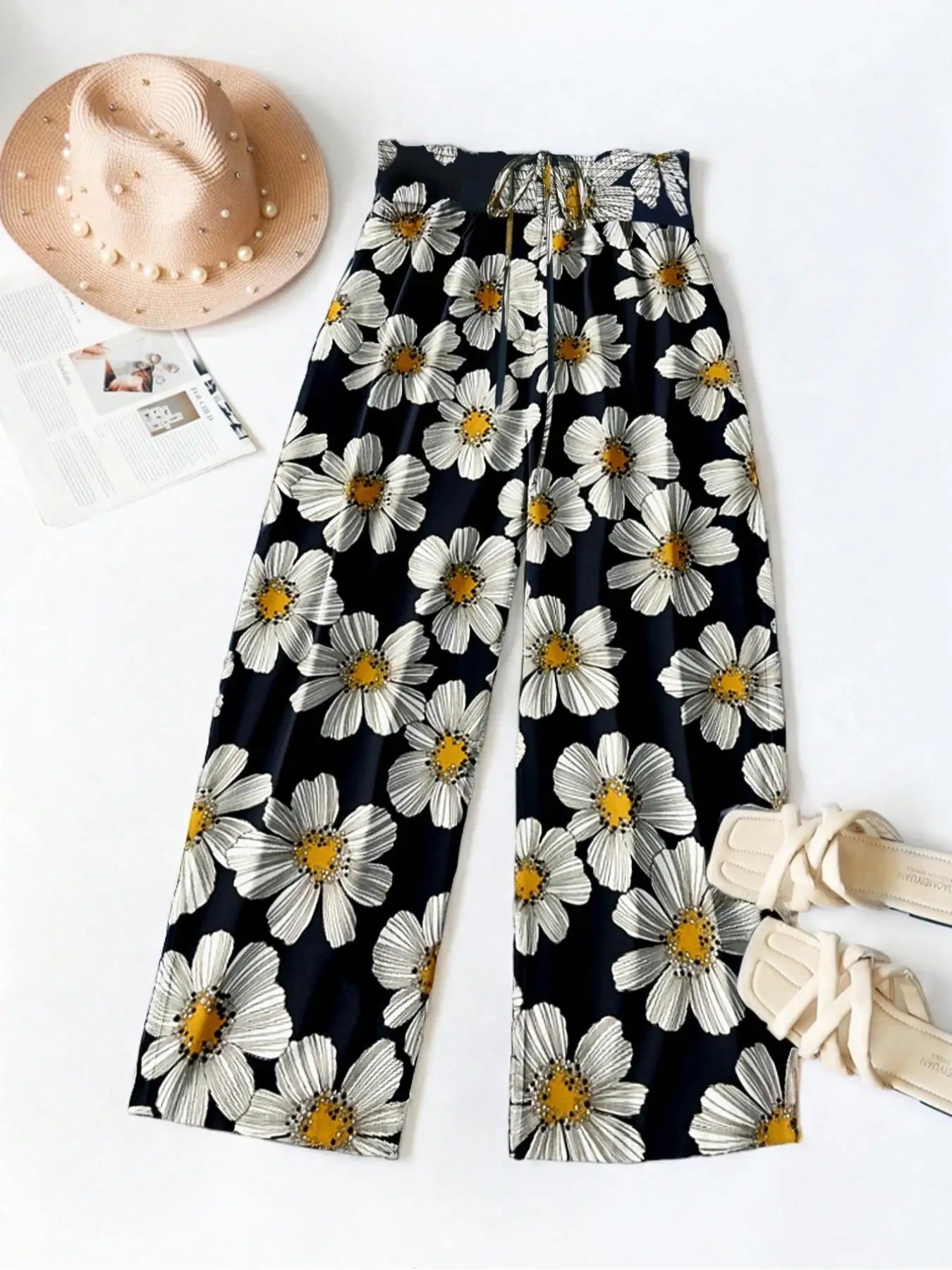 【Plus Size】 Floral Print Tie Waist Pants,