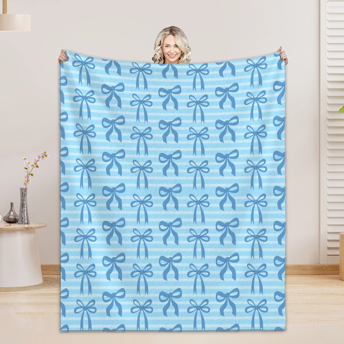 1PC Throw Blanket Blue Bow 3D