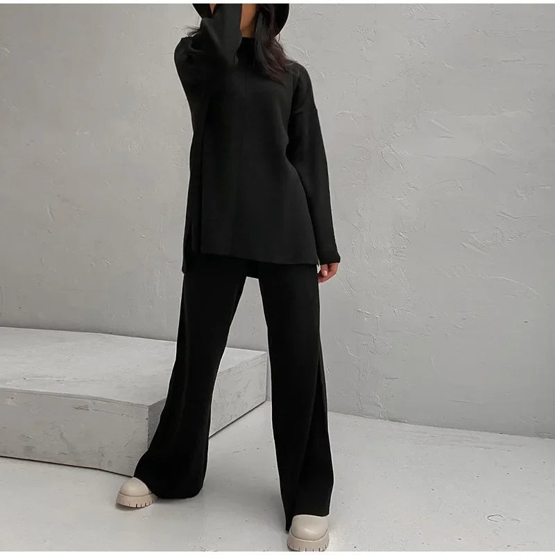 Split Turtleneck Women  sweater and Wide Leg Pants
