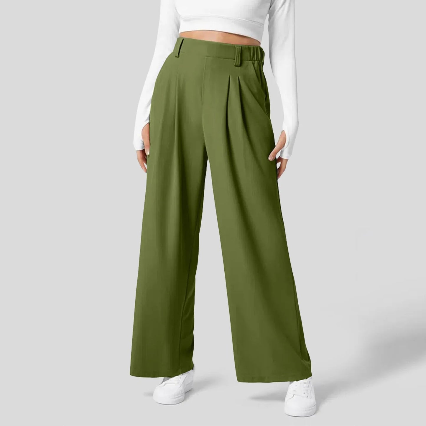 Women Suits Pants High Waist Draped Solid Color Wide Leg