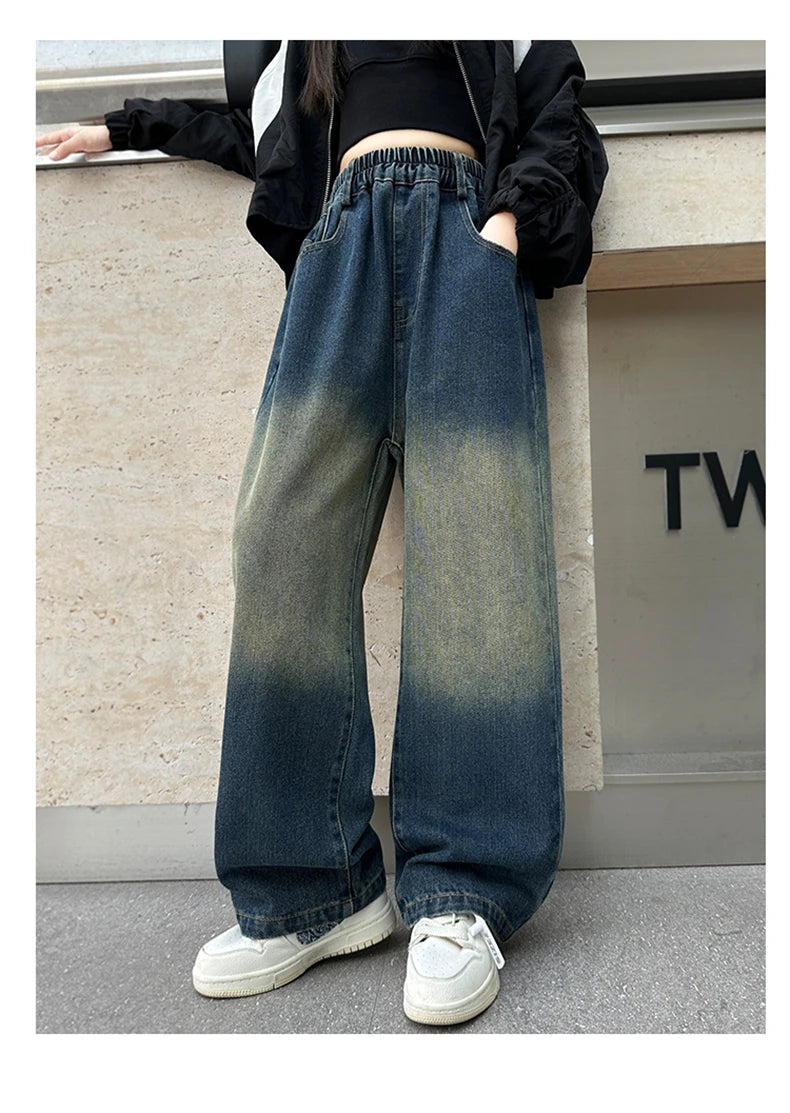 Girls V-shaped embroidered straight wide-leg pants