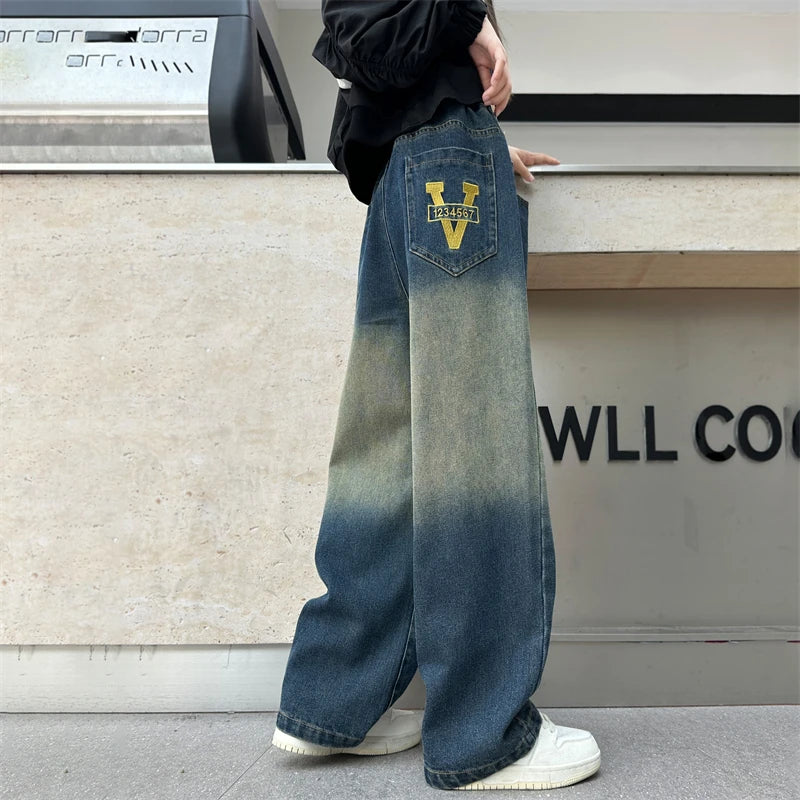 Girls V-shaped embroidered straight wide-leg pants
