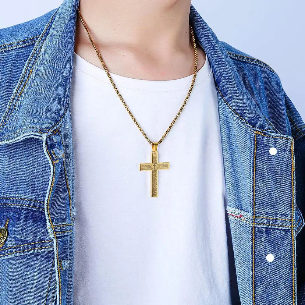 Christian Bible Cross Chain Necklace Steel