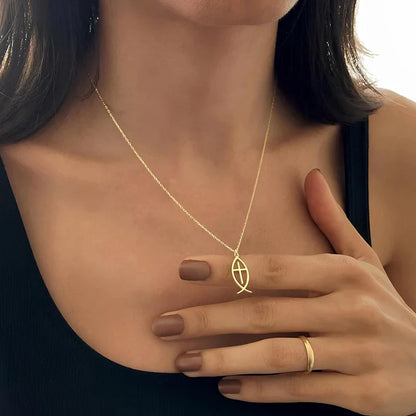 14K Gold Plated Jesus Fish Cross Necklace Stainless Steel
