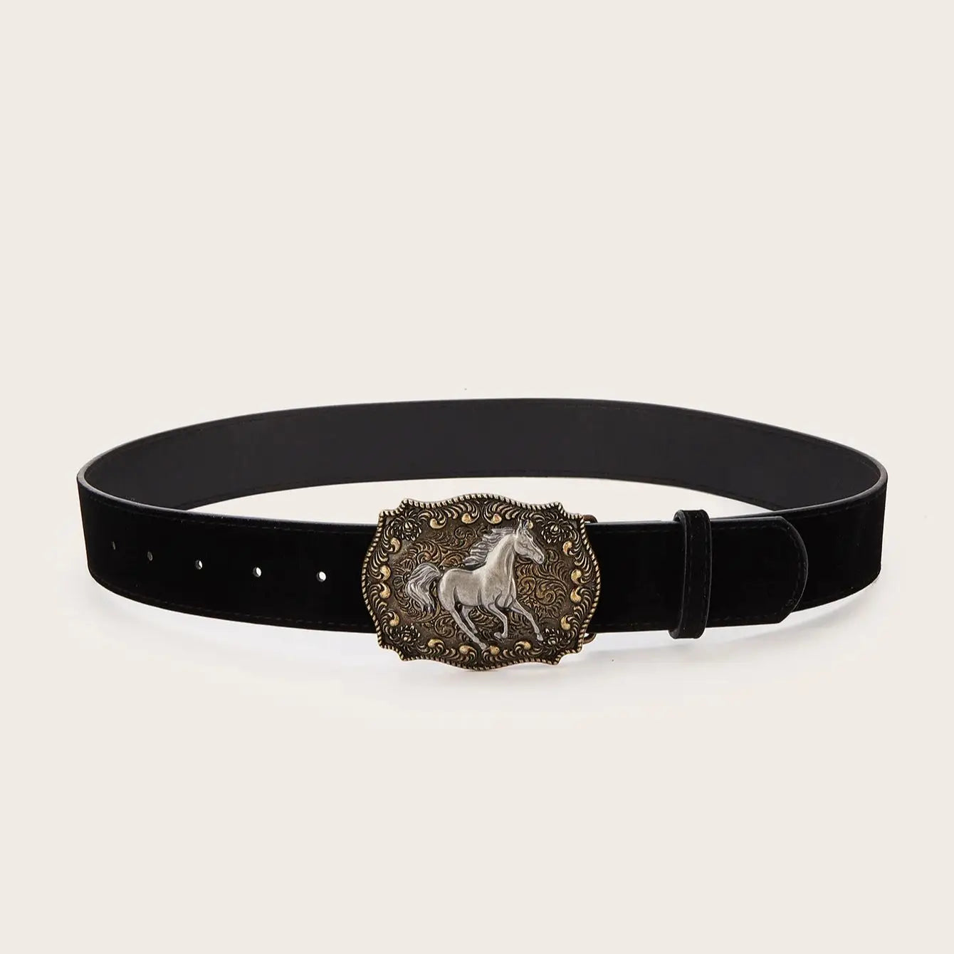 A leisurely leather belt with a horse-head buckle