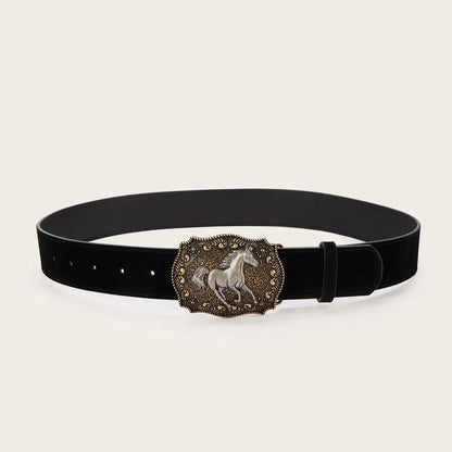 A leisurely leather belt with a horse-head buckle