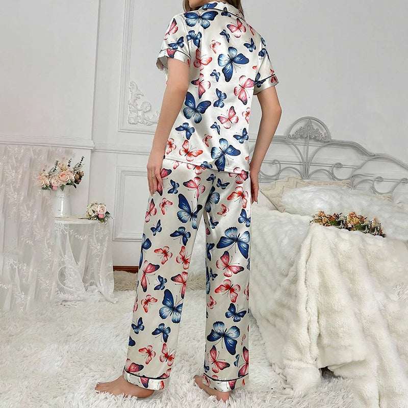Women's Butterfly Print Satin Elegant Pajama Set