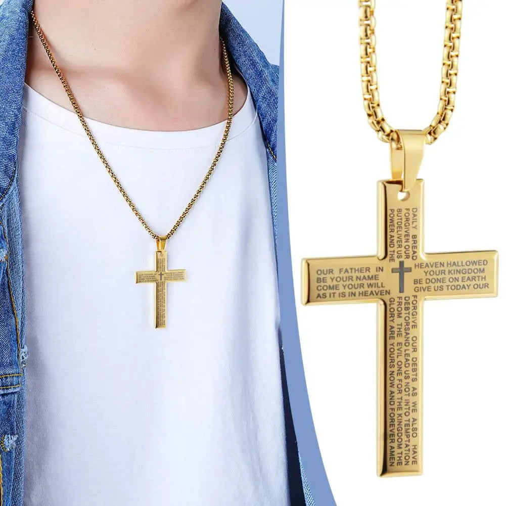 Christian Bible Cross Chain Necklace Steel