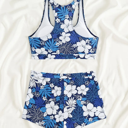 Floral Print Swimwear With Shorts High Waisted Trunk