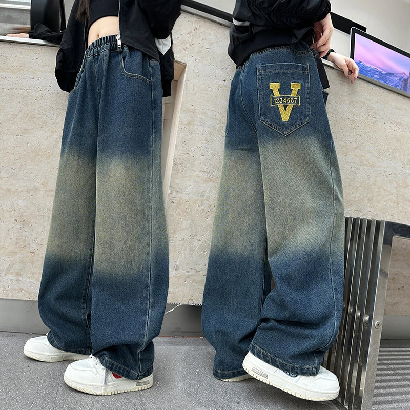 Girls V-shaped embroidered straight wide-leg pants