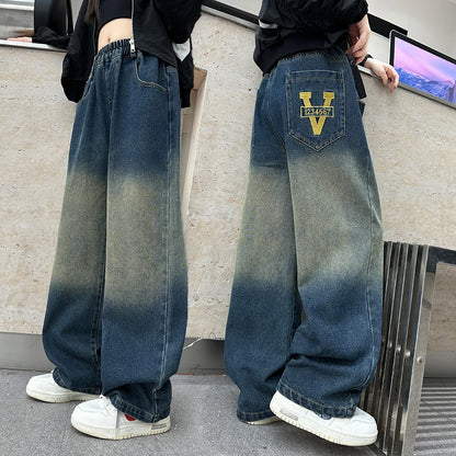 Girls V-shaped embroidered straight wide-leg pants