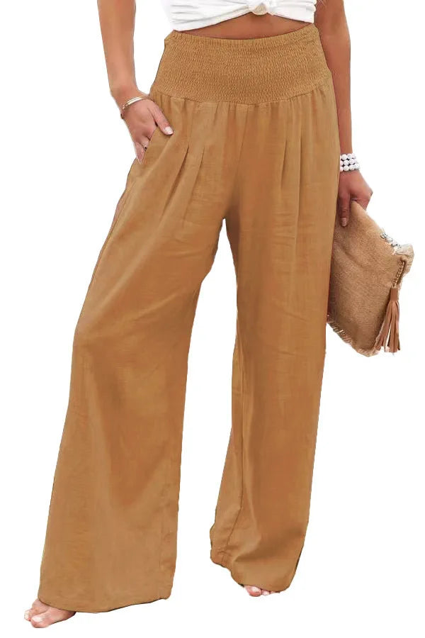 Women's casual pants with drawstring, mid waist, beach wide leg, spring and summer, European and American pants