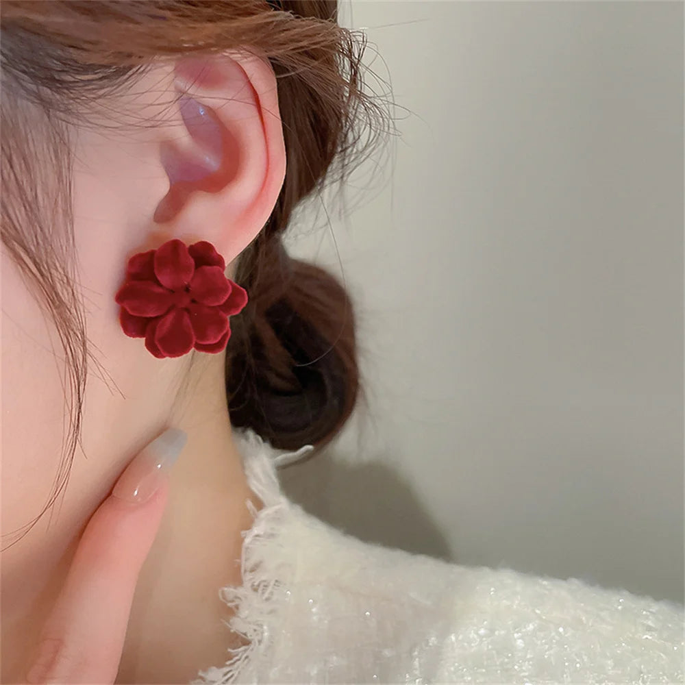 Simple Cute Wine Red Velvet Rose Flower Stud Earrings