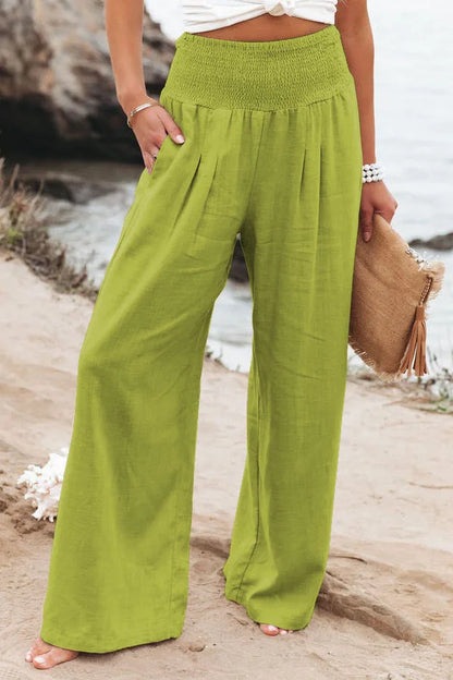 Women's casual pants with drawstring, mid waist, beach wide leg, spring and summer, European and American pants
