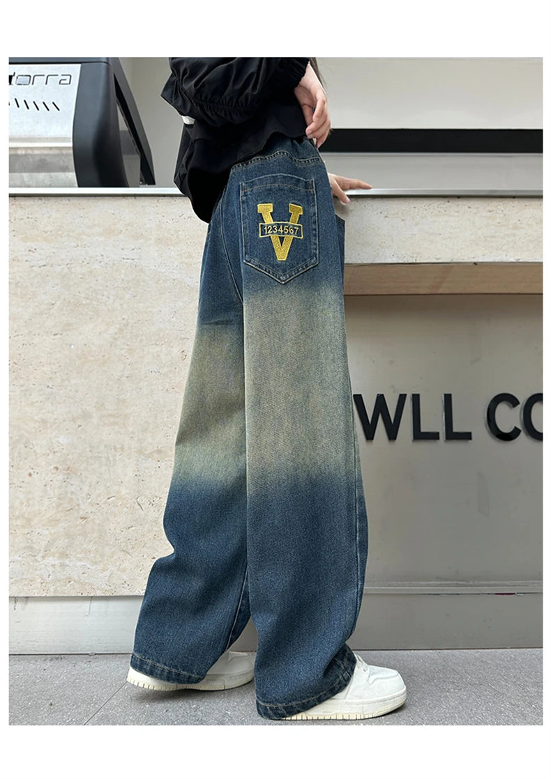 Girls V-shaped embroidered straight wide-leg pants