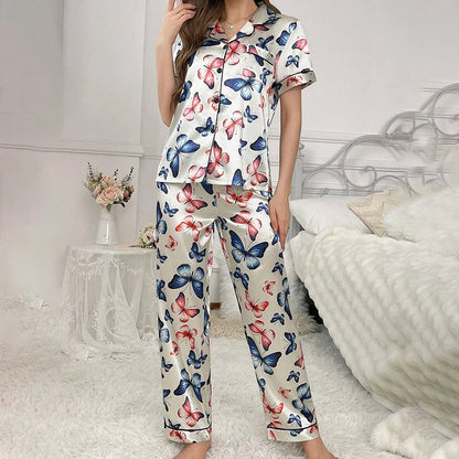 Women's Butterfly Print Satin Elegant Pajama Set