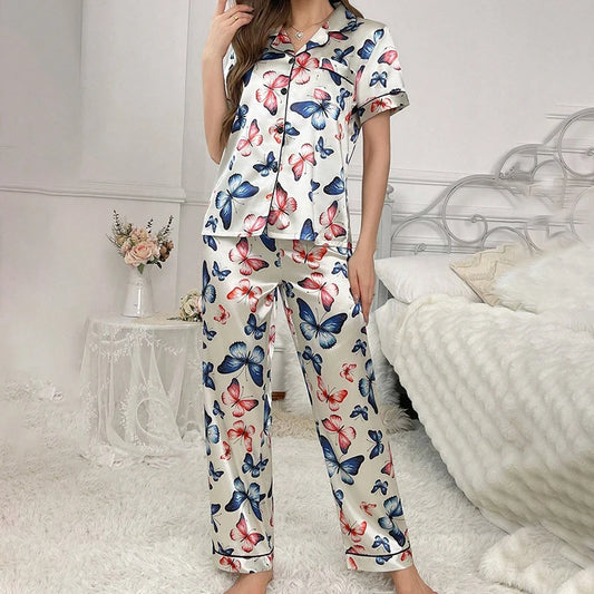 Women's Butterfly Print Satin Elegant Pajama Set