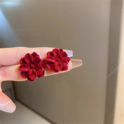 Simple Cute Wine Red Velvet Rose Flower Stud Earrings