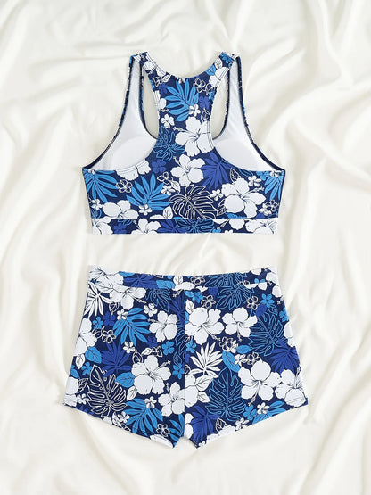 Floral Print Swimwear With Shorts High Waisted Trunk