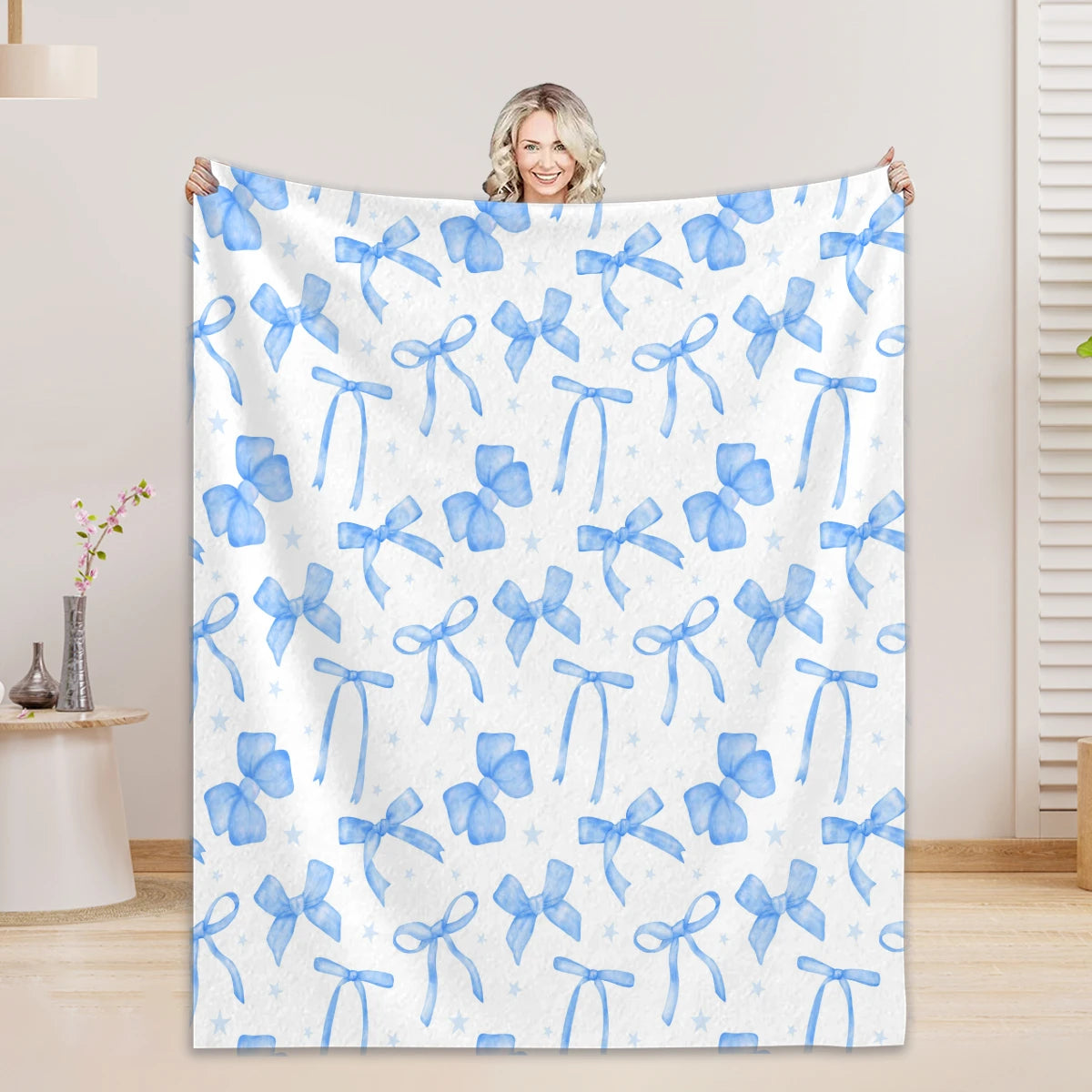 1PC Throw Blanket Blue Bow 3D