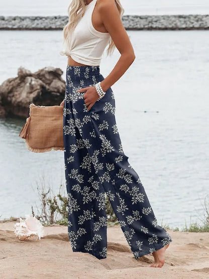 , flower printed beach wide leg pants,