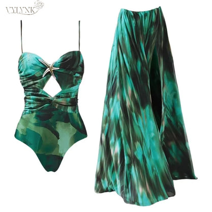 Swimwear with Sarong  Green Print 2 Piece