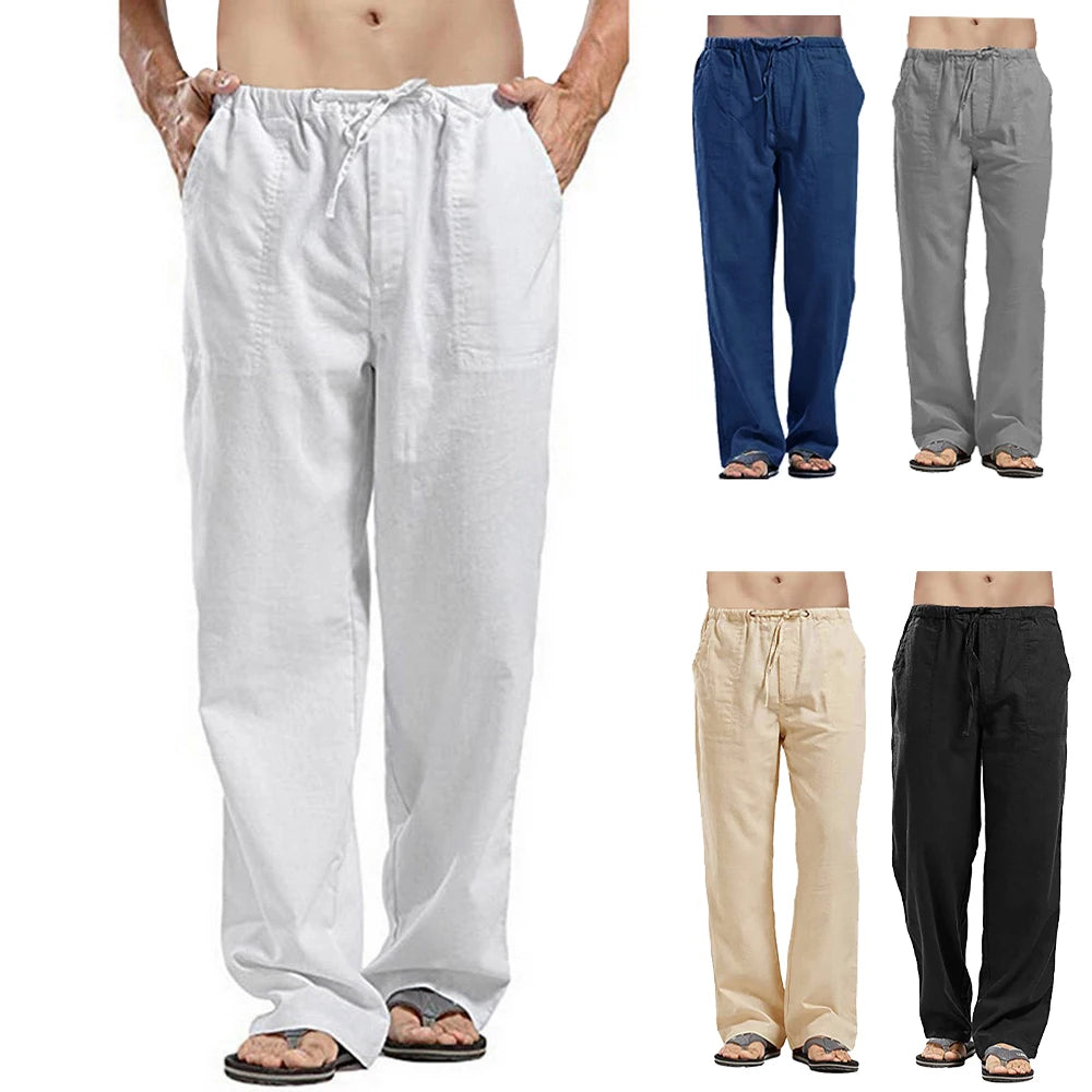 Men's Summer Loose Long Pants Elastic Waist Drawstring