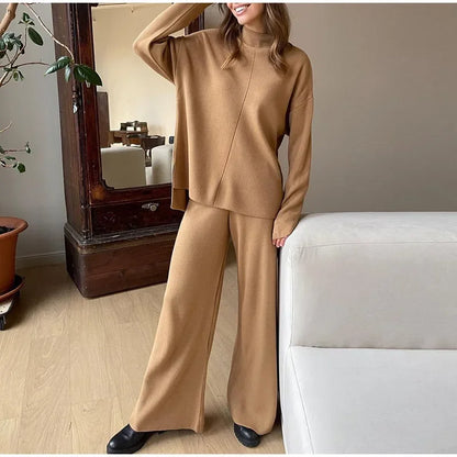 Split Turtleneck Women  sweater and Wide Leg Pants