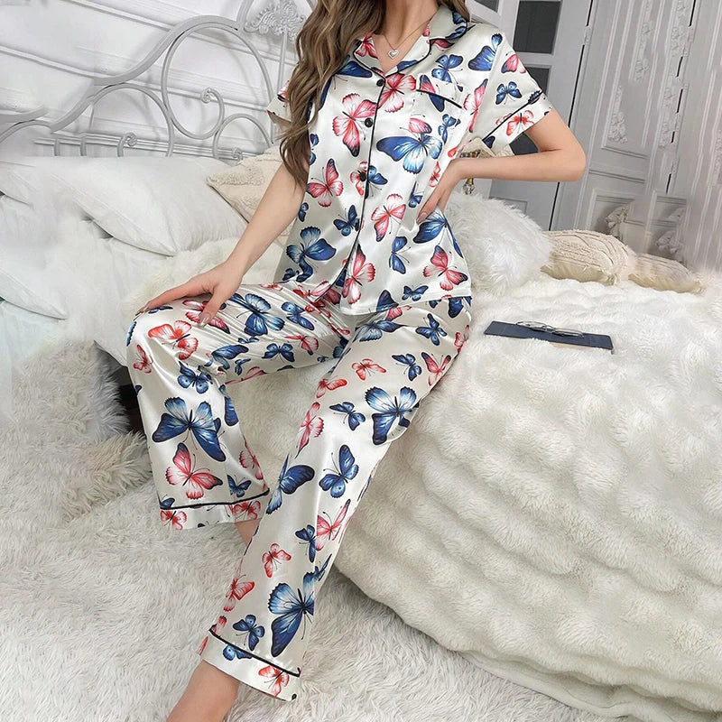 Women's Butterfly Print Satin Elegant Pajama Set